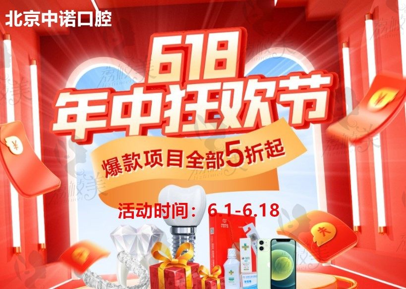 北京中诺口腔618优惠开启了,瑞士ITI亲水款种植牙现在12800（含基台+全瓷冠+免费质保）