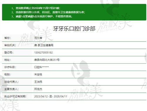 唐县牙牙乐口腔门诊部资质