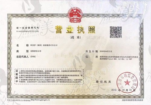 深圳阿芙罗欢乐海岸医疗美容诊所资质