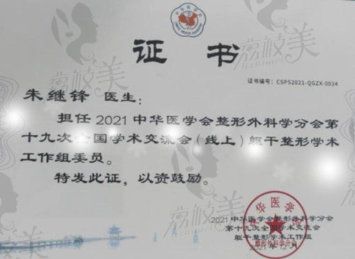 宁波艺星整形外科技术院长朱继锋荣誉证书