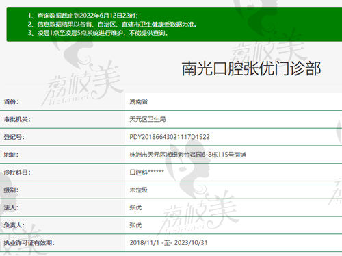 株洲南光口腔張優(yōu)門診部資質(zhì)