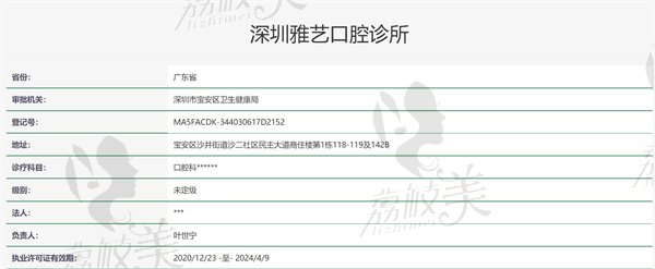 深圳雅艺口腔诊所资质证明