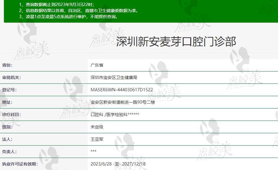 深圳新安麦芽口腔门诊部卫生健康委员会查询基本信息：
