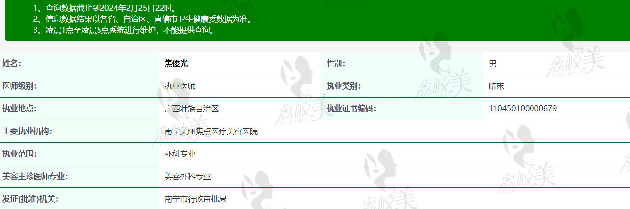 南宁美丽焦点焦俊光医生资质信息