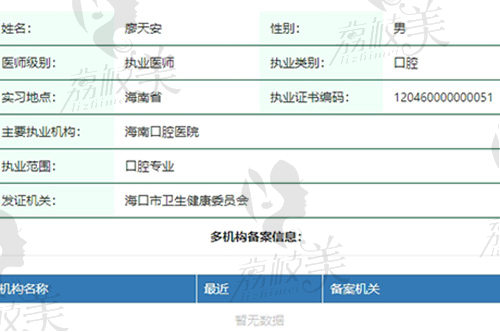 海南口腔医院廖天安执业资质