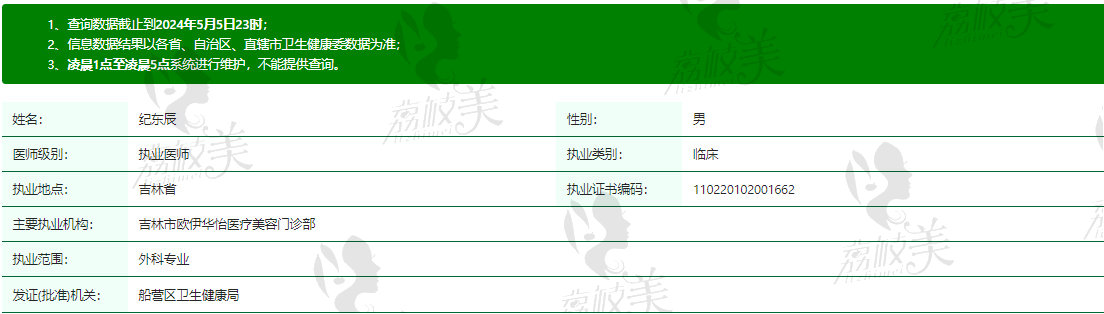 吉林华怡整形纪东辰医生资质信息