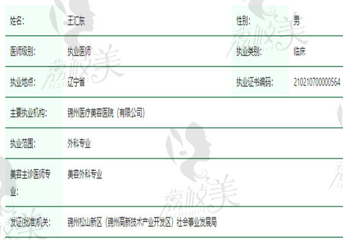 锦州锦美整形美容中心医生王汇东 