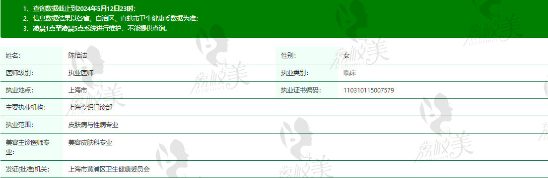 上海今识门诊部陈怡洁资质信息