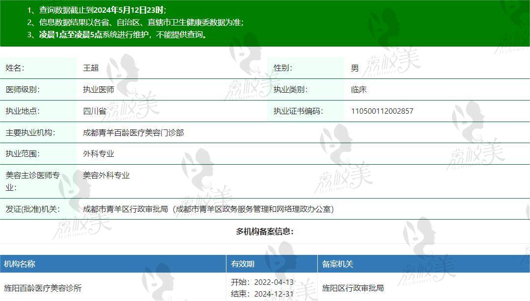 成都百龄医疗美容王超医生资质信息