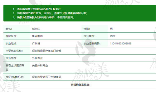 深圳雅涵医疗美容门诊部邹永红医生资质