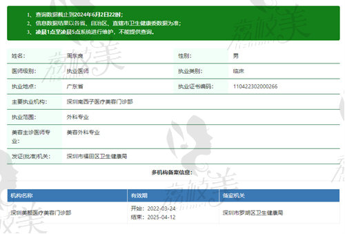 深圳南西子医疗美容门诊部周东良医生资质