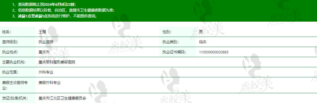 重庆军科整形王棚医生资质信息