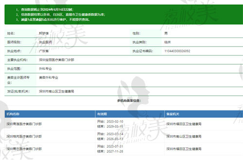 深圳宝丽医疗美容门诊部郑梦雄医生资质