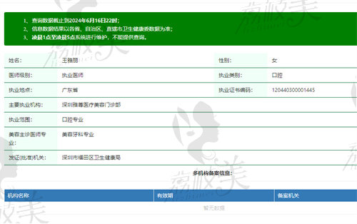 深圳雅尊医疗美容门诊部王雅丽医生资质