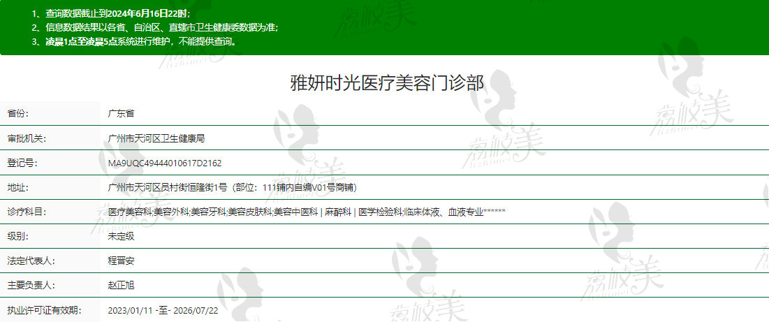 广州雅妍时光医疗美容门诊部资质信息