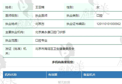 北京倍美永康口腔王亚楠医生资质