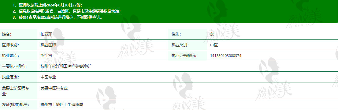 杭州浮想国柏亚萍医生资质信息