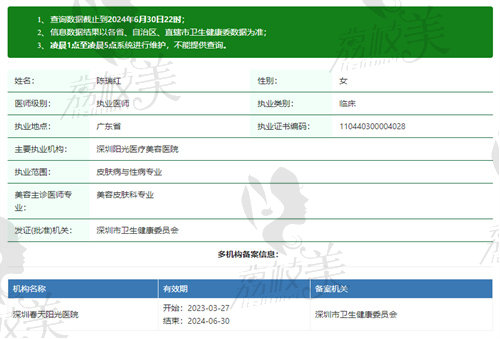 深圳阳光整形美容医院陈瑞红医生资质