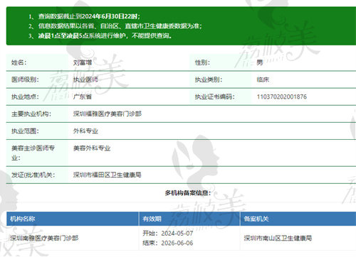 深圳福雅医疗美容门诊部刘富增医生资质