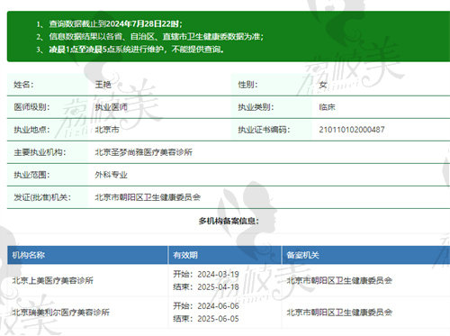 北京圣梦医疗美容诊所王艳医生资质
