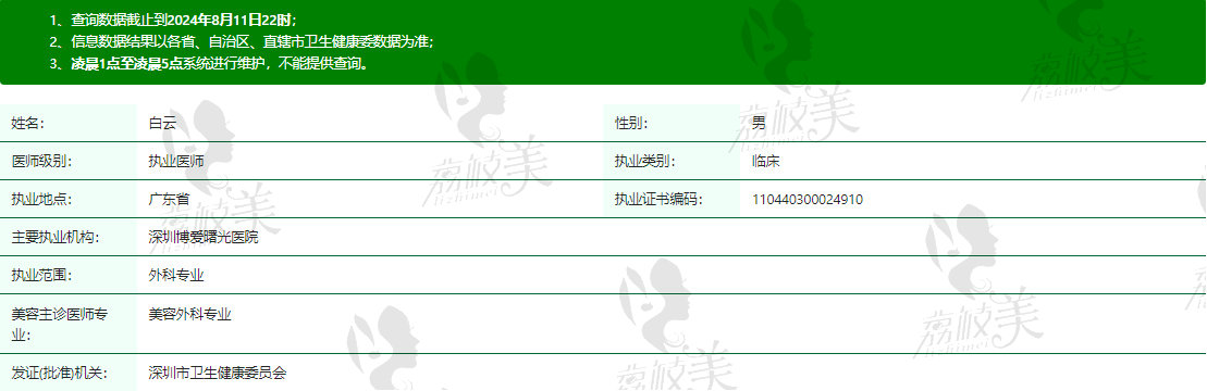 深圳博爱曙光医院白云医生资质信息