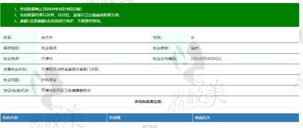 天津与时宜美医疗美容朱方方医生资质信息