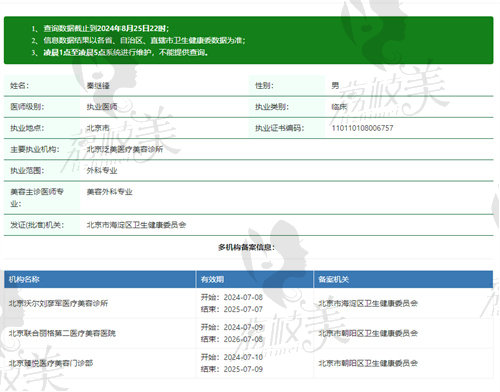 北京达美如艺医疗美容秦继锋医生资质