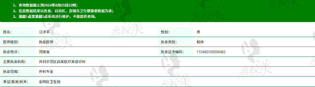 开封启美整形汪洋平院长资质信息