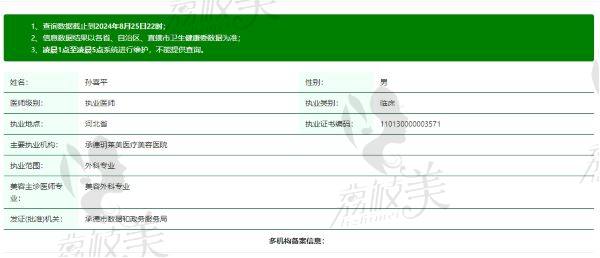 承德玥莱美医疗美容医院孙喜平医生个人资质信息