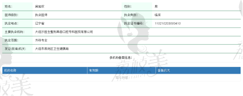 大连沙医生整形美容医院吴紫权医生资质