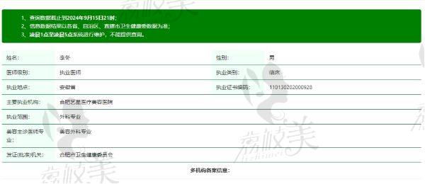 在网上查的合肥艺星医疗美容医院李冬医生资质