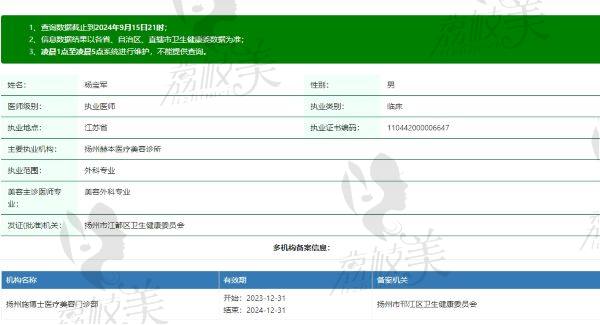 扬州赫本整形医院杨宝军个人资质信息