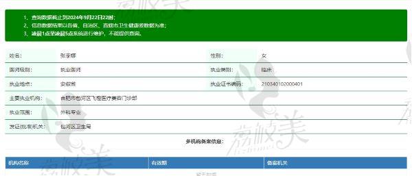 合肥飞橙医疗美容门诊部张李娜个人资质信息