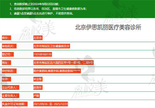 北京伊思凯丽医疗美容诊所执业信息