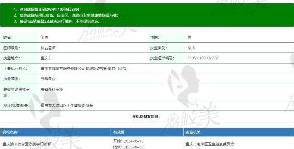 重庆紫城医疗美容——王杰资质信息