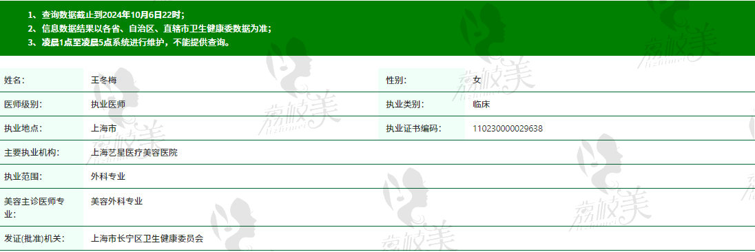 上海艺星王冬梅医生资质信息
