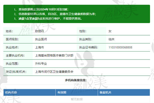 上海爱尚丽格医疗美容门诊部陈丽丹医生资质