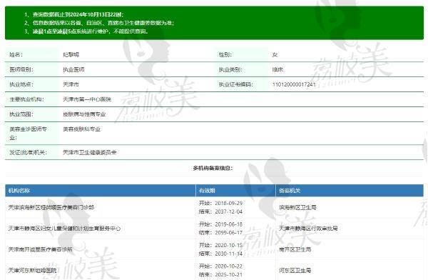 天津美莱整形医院纪黎明医生个人资质信息
