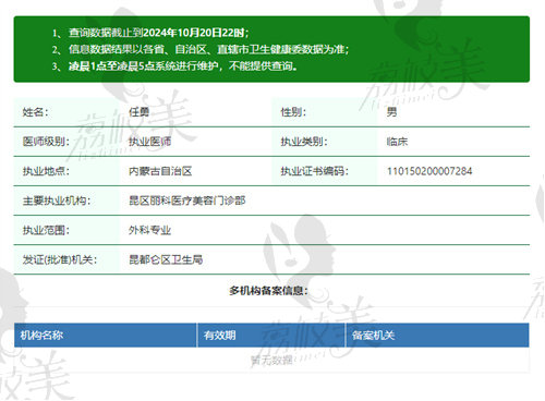 内蒙古昆区丽科医疗美容门诊部任勇医生资质
