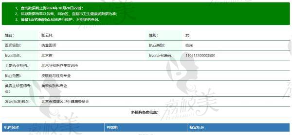 北京华驭医疗美容诊所张云林医生个人资质信息