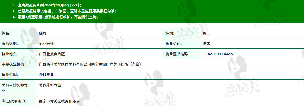南宁格林美菲医疗美容陆毅院长资质信息