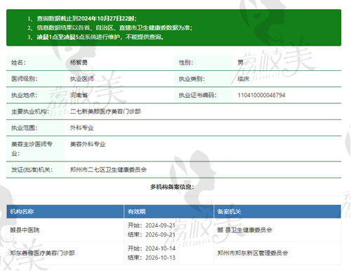 郑州二七新美颜医疗美容门诊部杨智勇医生资质