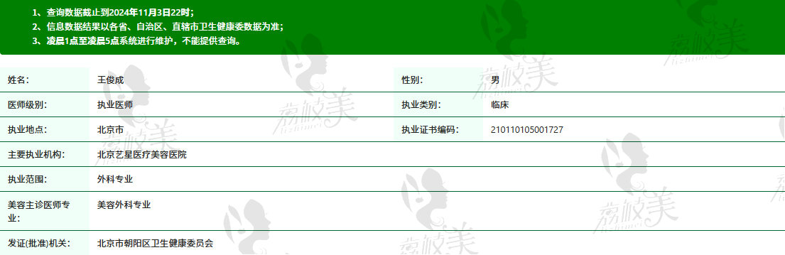 北京艺星王俊成医生资质信息