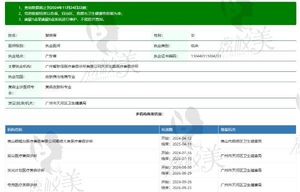 广州发光计划医疗美容诊所裴晓青医生个人资质信息