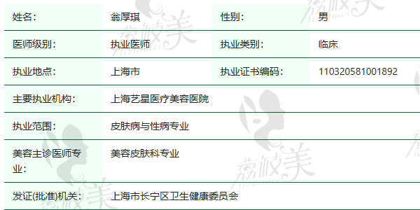 上海艺星医疗美容整形医院翁厚琪医生资质正规