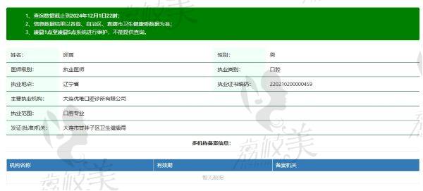 大连优唯口腔诊所邱爽医生个人资质