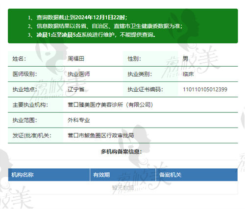 营口臻美医疗美容诊所周福田医生资质