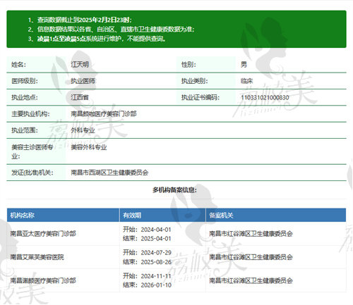 南昌颜咖医疗美容门诊部江天明医生资质