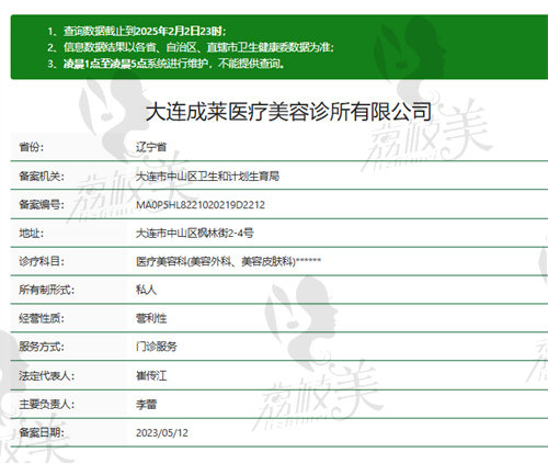 大连成莱医疗美容诊所资质