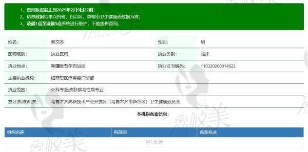 新疆纽菲思医疗美容门诊部蔡文苏医生个人资质